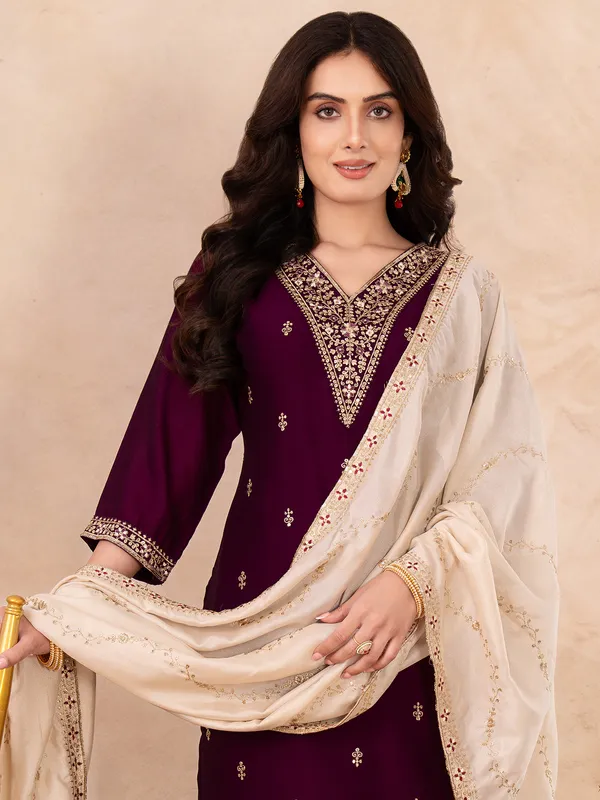 Purple resham silk salwar suit for festival