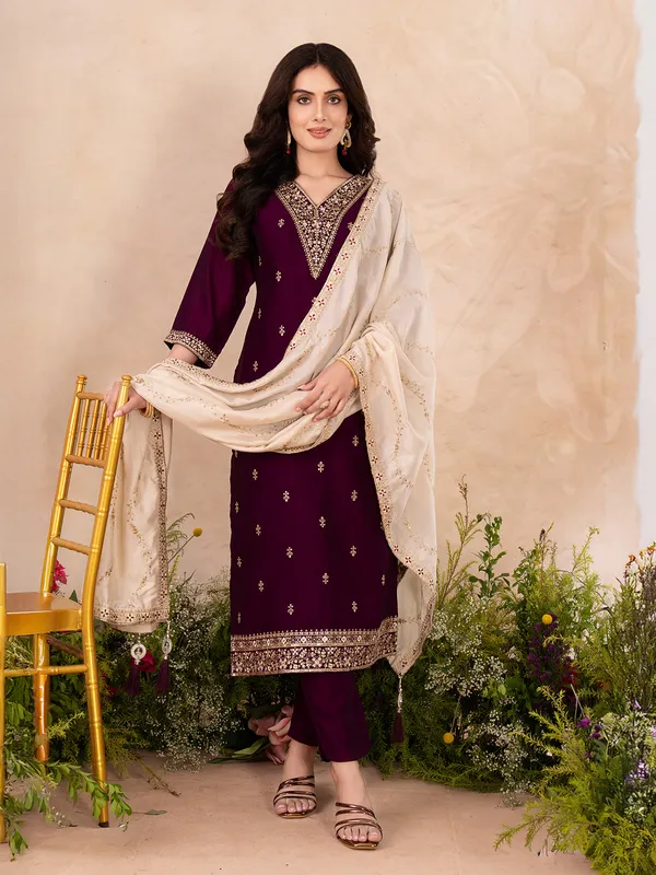 Purple resham silk salwar suit for festival wear