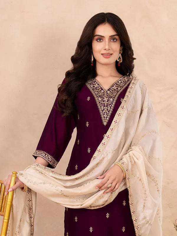 Purple resham silk salwar suit for festival wear