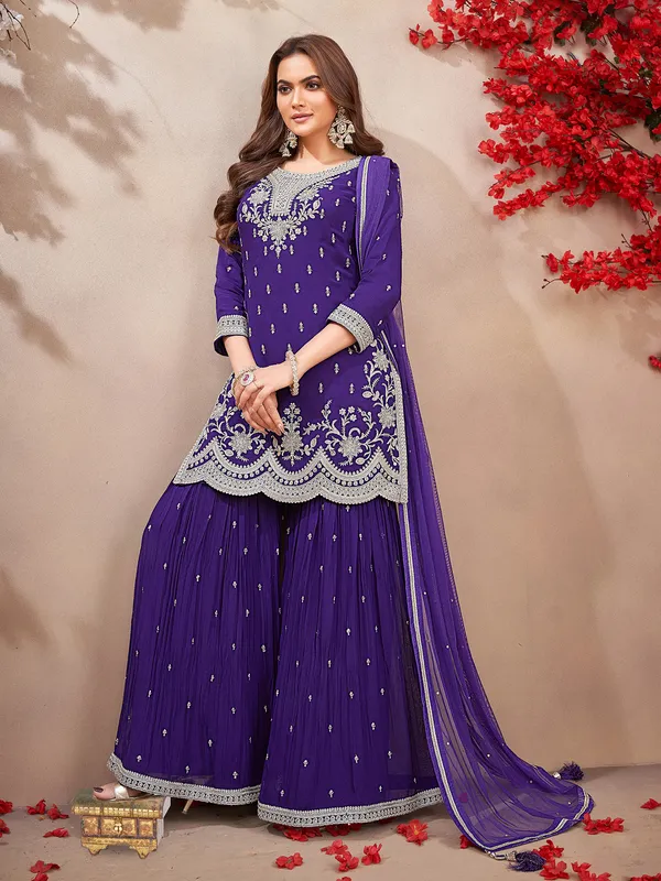 Purple resham work georgette palazzo suit