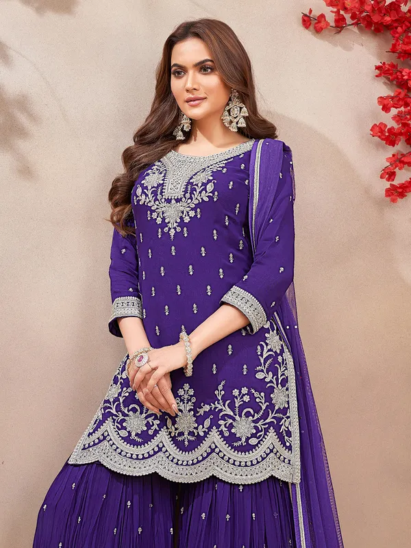 Purple resham work georgette palazzo suit