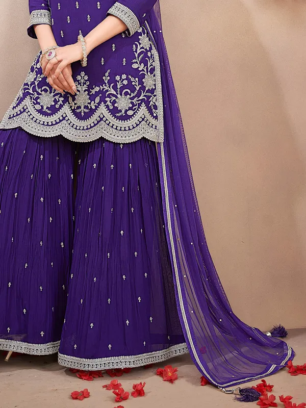 Purple resham work georgette palazzo suit