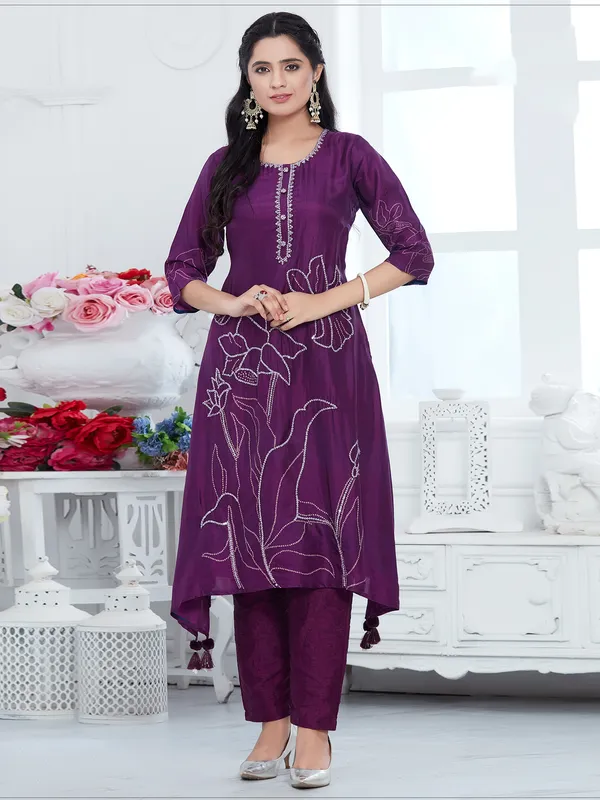 Purple russian silk printed a-line kurti