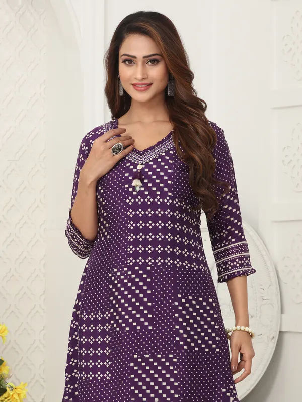 Purple russian silk printed kurti set for women