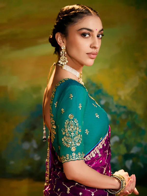 Purple saree in stunning satin silk