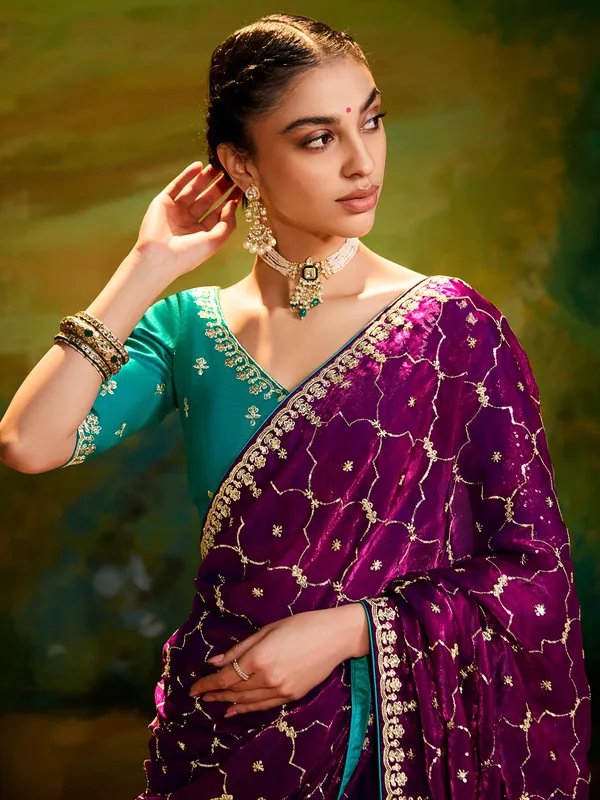 Purple saree in stunning satin silk