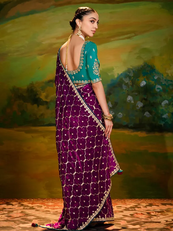 Purple saree in stunning satin silk