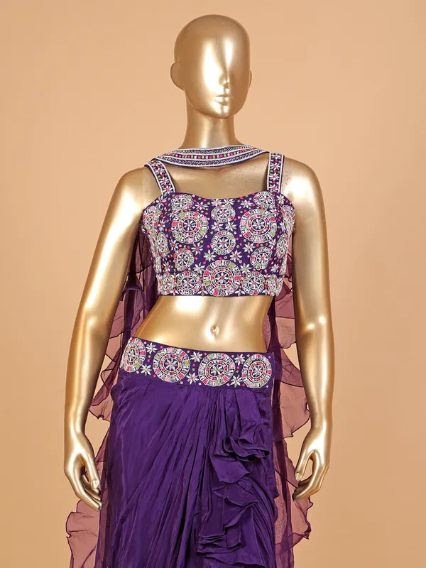 Purple satin lehenga choli with ruffle dupatta