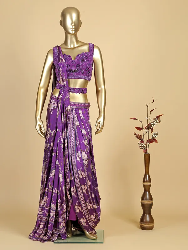 Purple satin printed designer suit