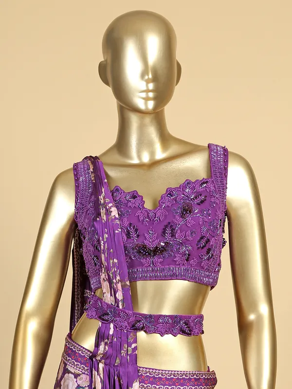 Purple satin printed designer suit