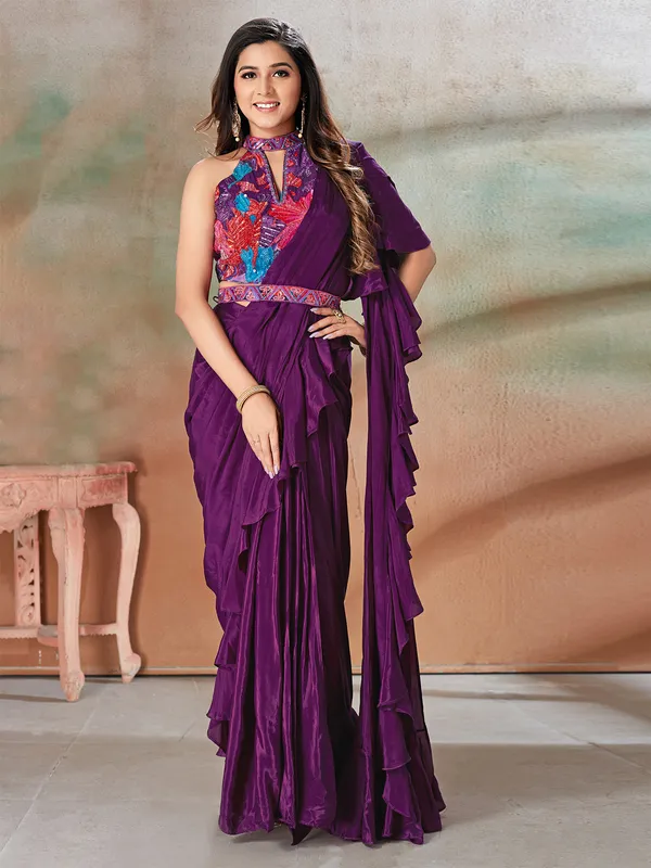 Purple satin ready drape saree