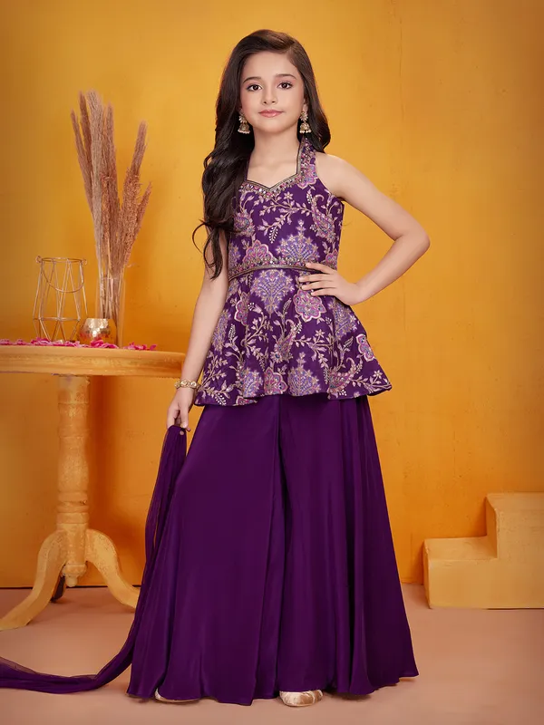 Purple satin silk palazzo suit with cutdana work