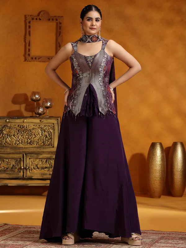 Purple satin silk palazzo suit with dupatta