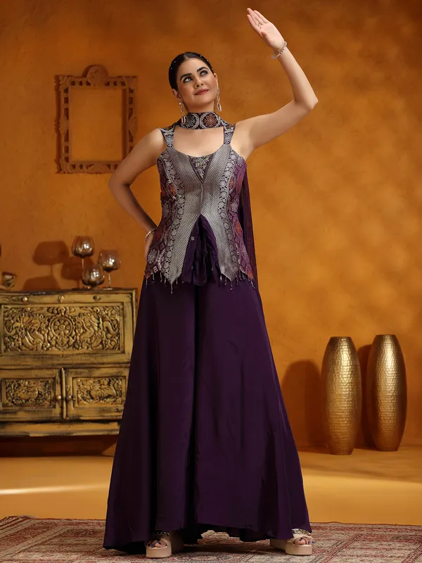 Purple satin silk palazzo suit with dupatta