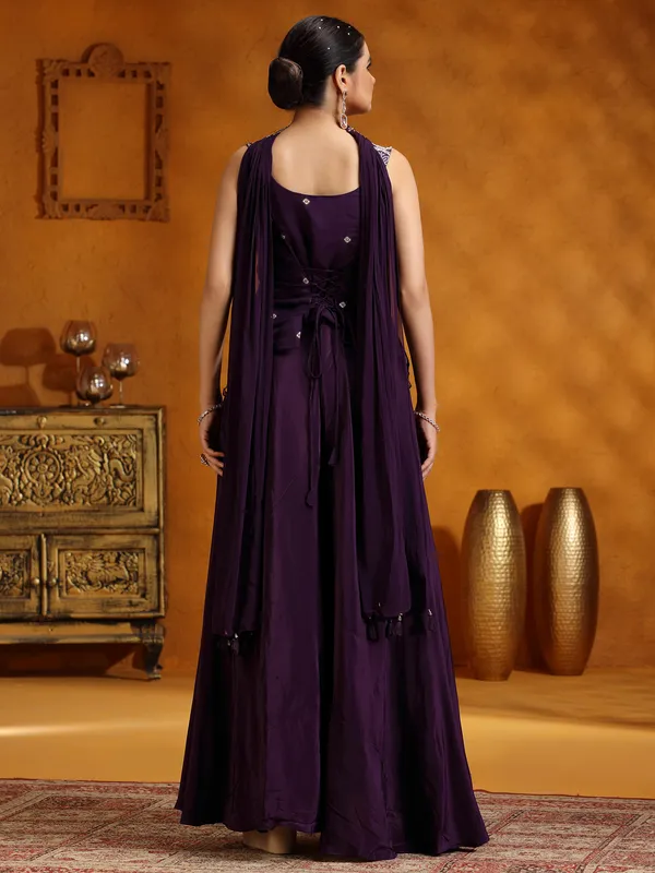 Purple satin silk palazzo suit with dupatta