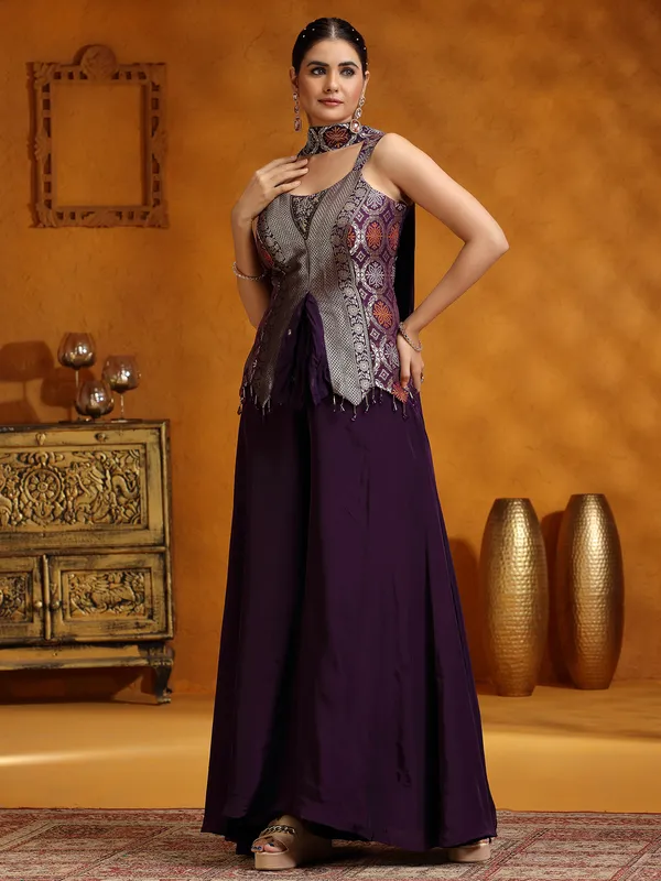 Purple satin silk palazzo suit with dupatta