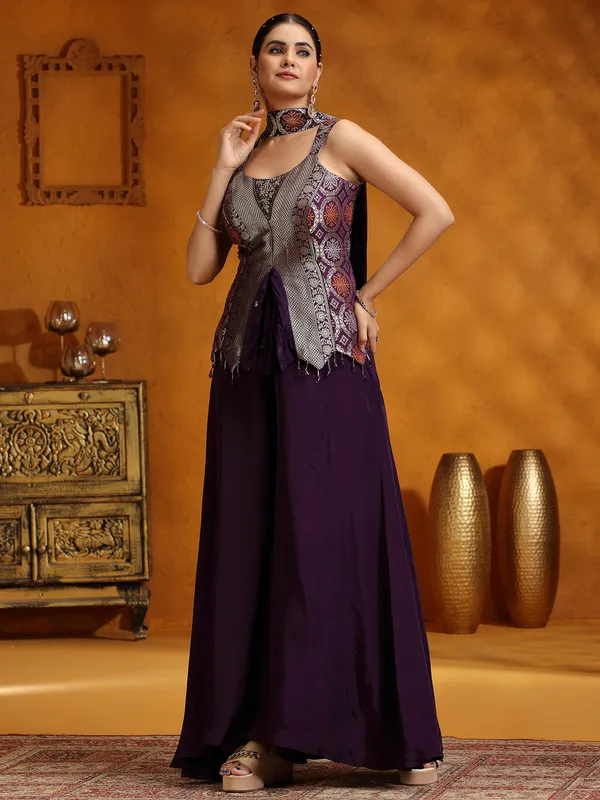 Purple satin silk palazzo suit with dupatta