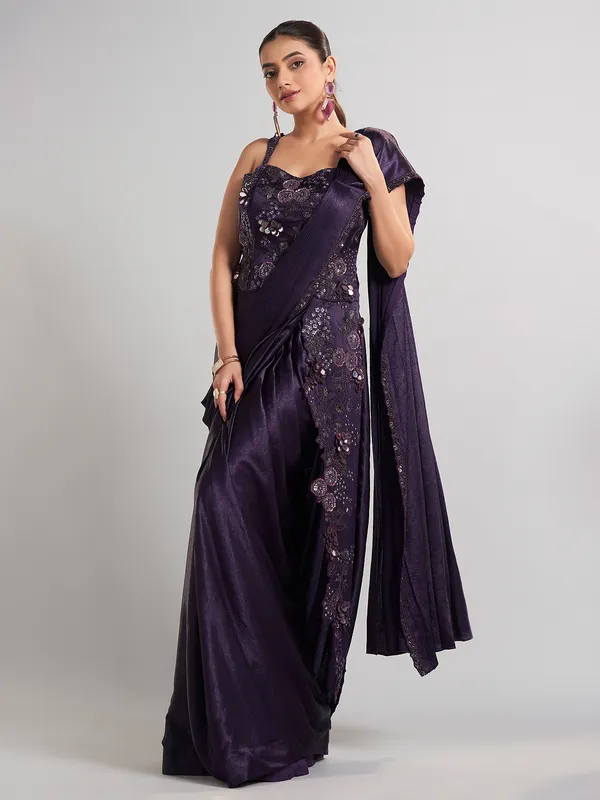Purple satin silk ready to wear saree for wedding functions