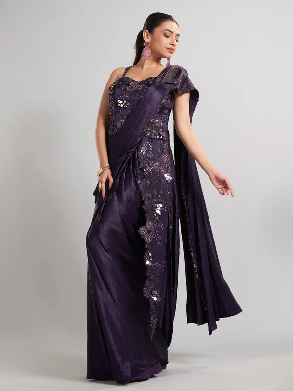 Purple satin silk ready to wear saree for wedding functions
