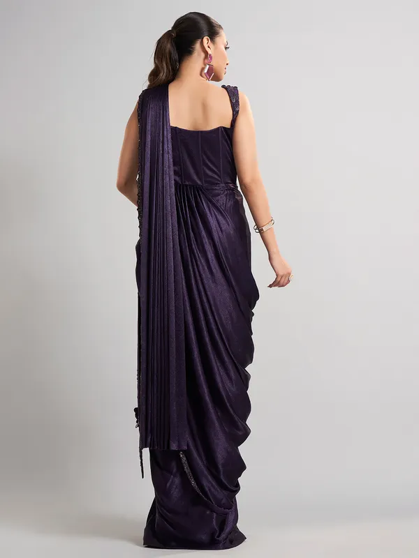 Purple satin silk ready to wear saree for wedding functions