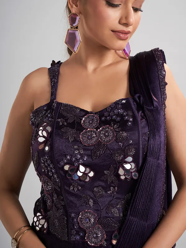 Purple satin silk ready to wear saree for wedding functions
