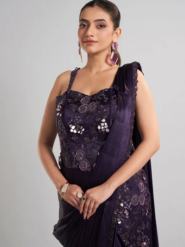 Purple satin silk ready to wear saree for wedding functions