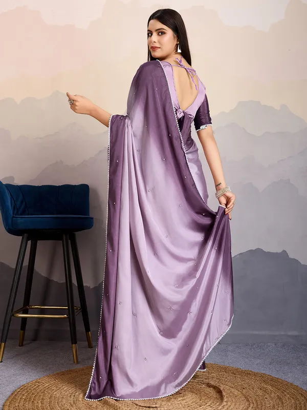Purple satin silk saree with beads work