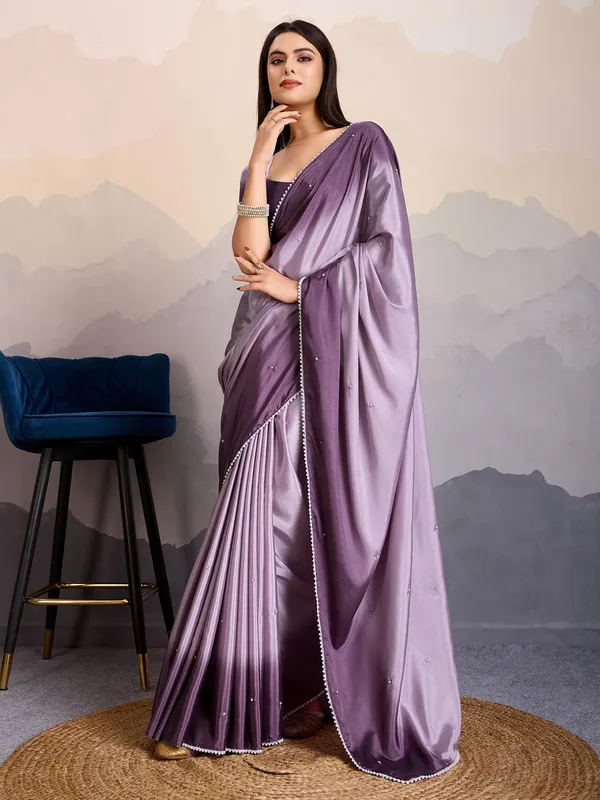 Purple satin silk saree with beads work