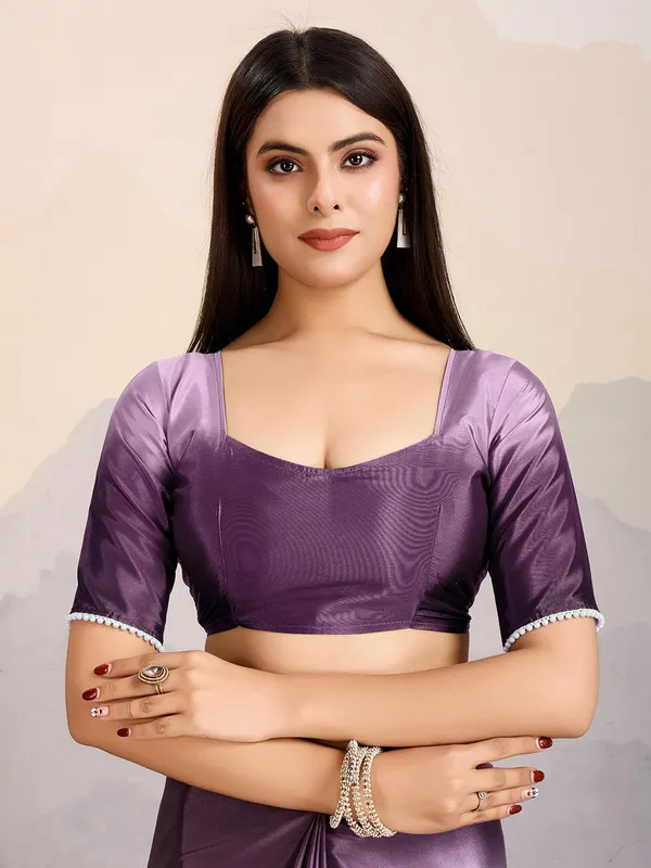 Purple satin silk saree with beads work