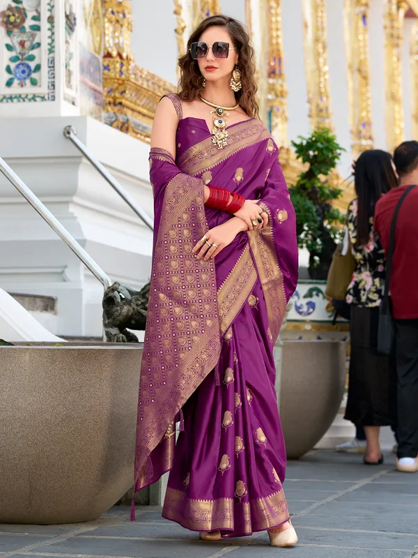 Purple satin silk saree with classic zari weaving