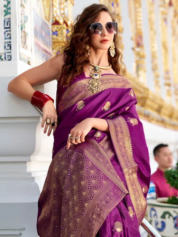 Purple satin silk saree with classic zari weaving