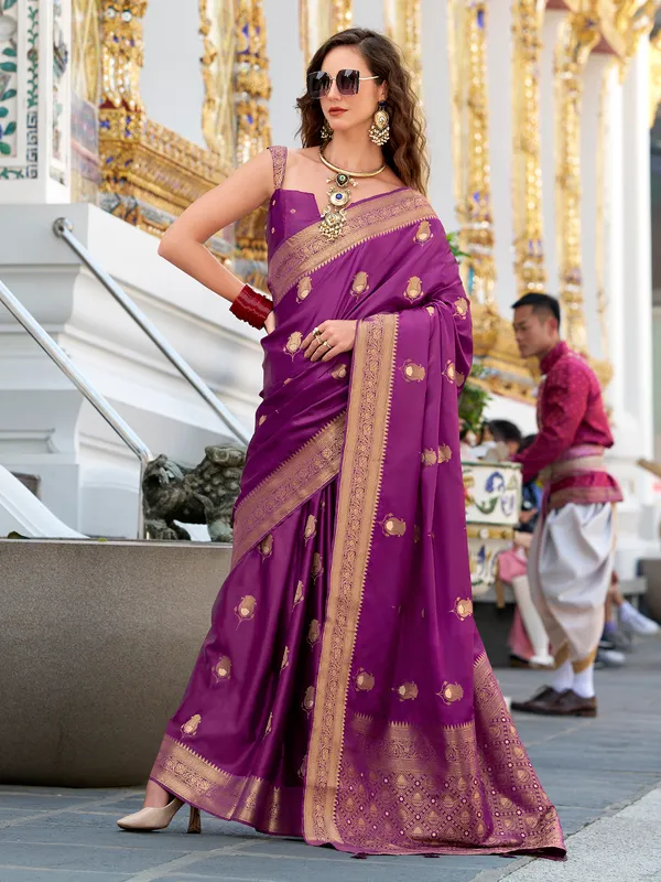 Purple satin silk saree with classic zari weaving