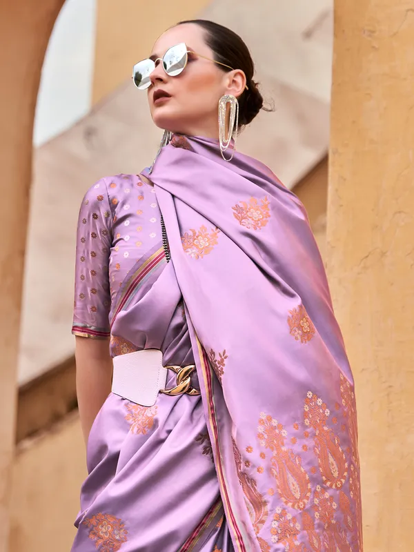 Purple satin silk saree with radiance