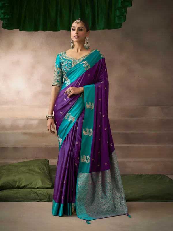 Purple satin silk saree with traditional charm