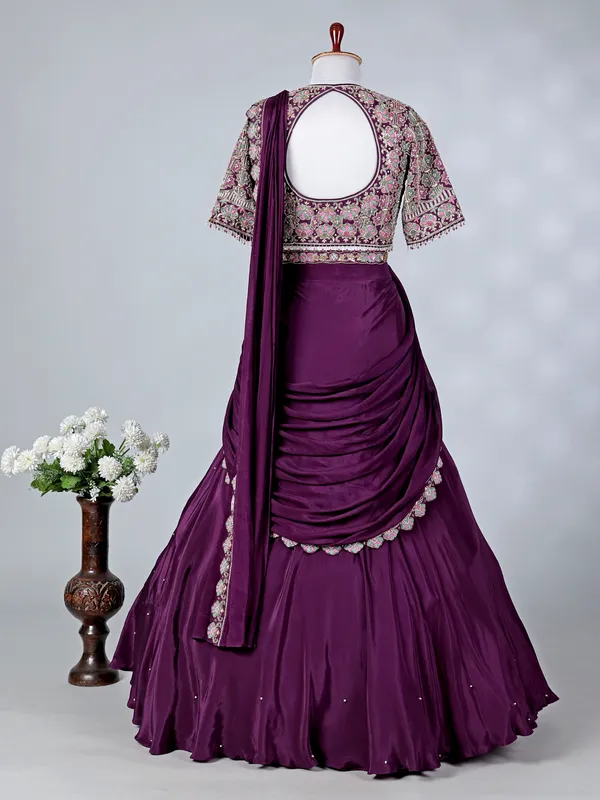 Purple satin silk U neck lehenga choli with dupatta