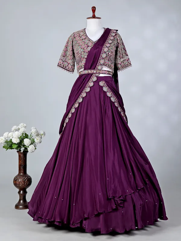 Purple satin silk U neck lehenga choli with dupatta