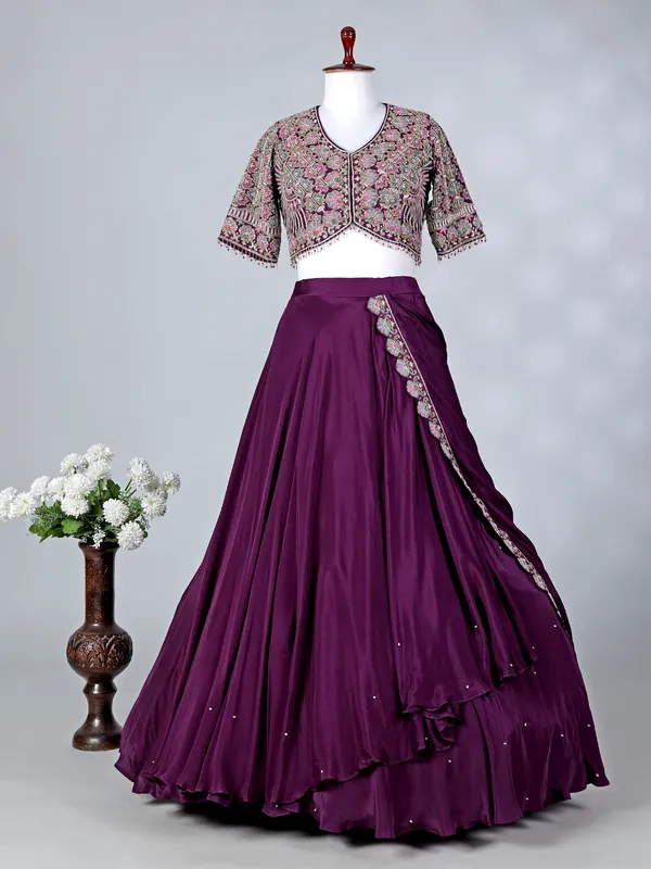 Purple satin silk U neck lehenga choli with dupatta