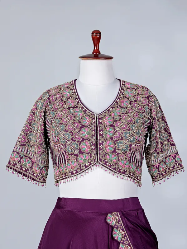 Purple satin silk U neck lehenga choli with dupatta