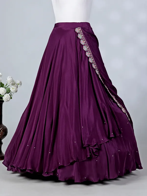 Purple satin silk U neck lehenga choli with dupatta