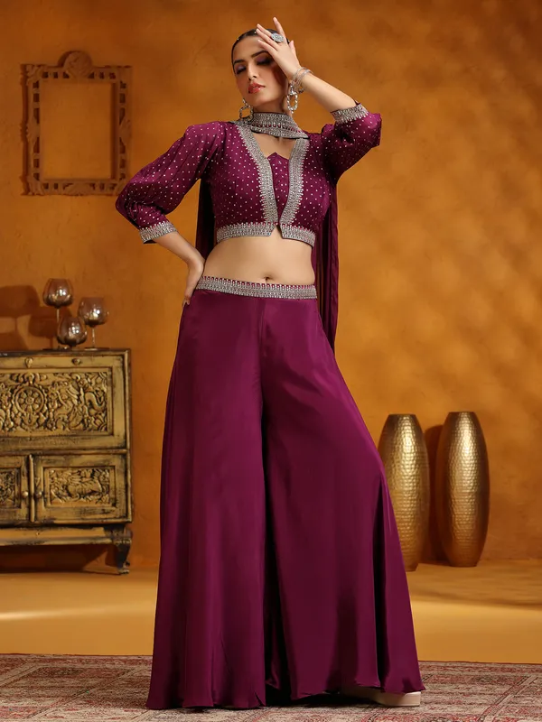 Purple satin silk wedding wear palazzo suit