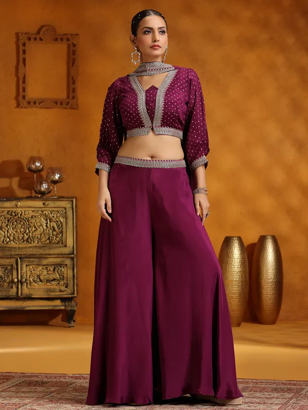 Purple satin silk wedding wear palazzo suit