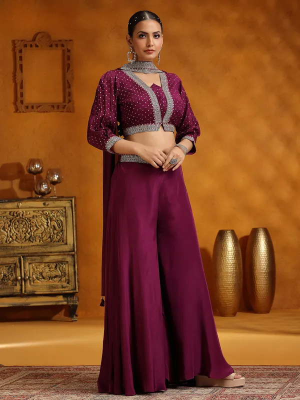 Purple satin silk wedding wear palazzo suit