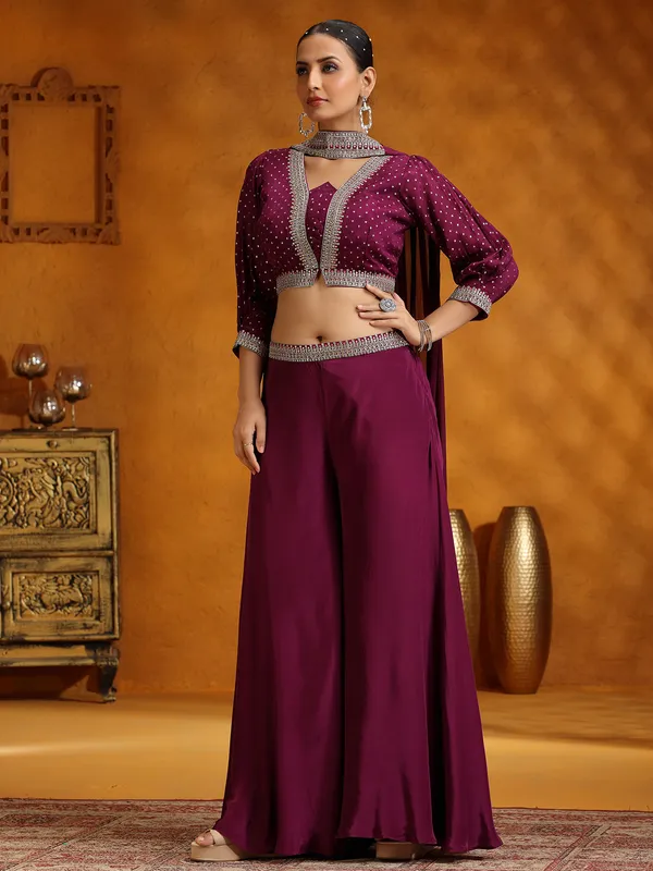 Purple satin silk wedding wear palazzo suit