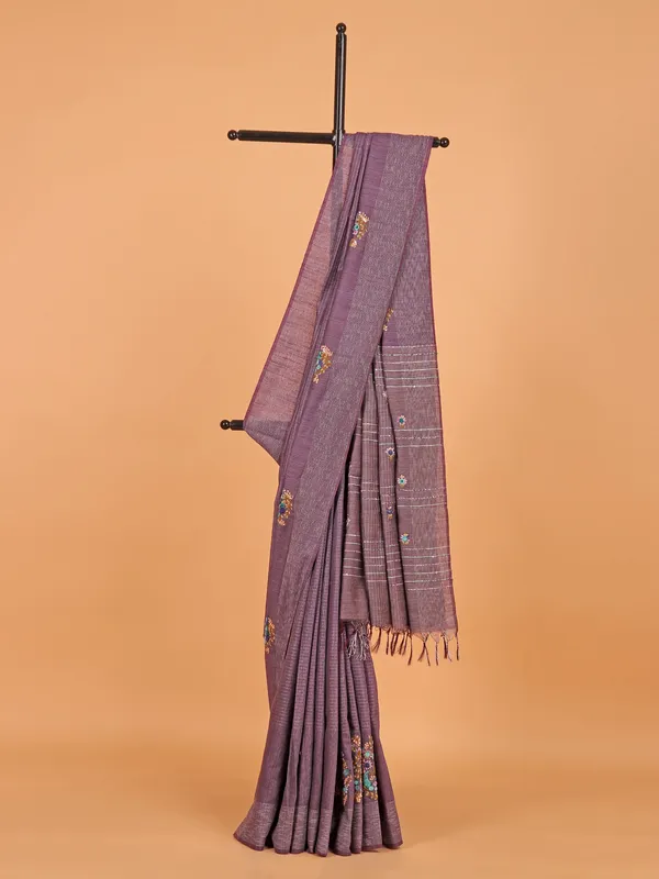 Purple semi cotton silk thread weaving saree