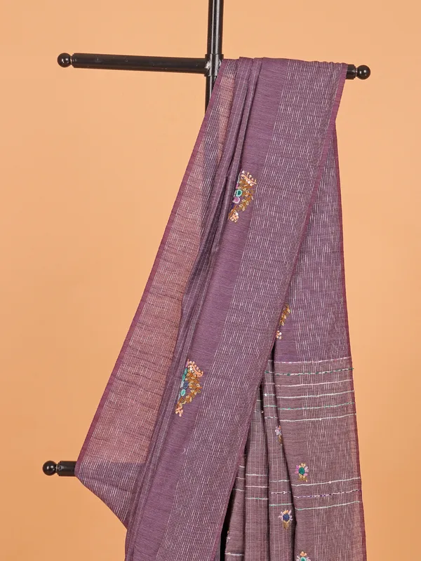 Purple semi cotton silk thread weaving saree