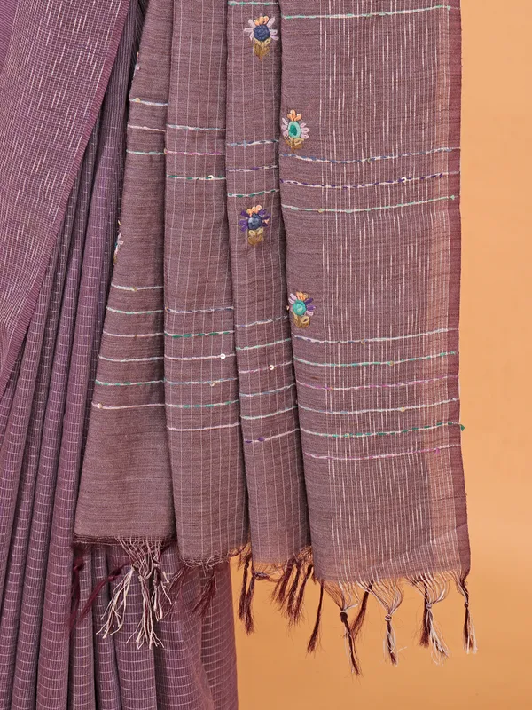 Purple semi cotton silk thread weaving saree
