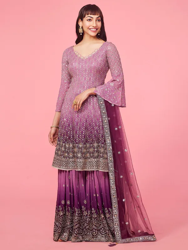 Purple shaded georgette wedding sharara suit