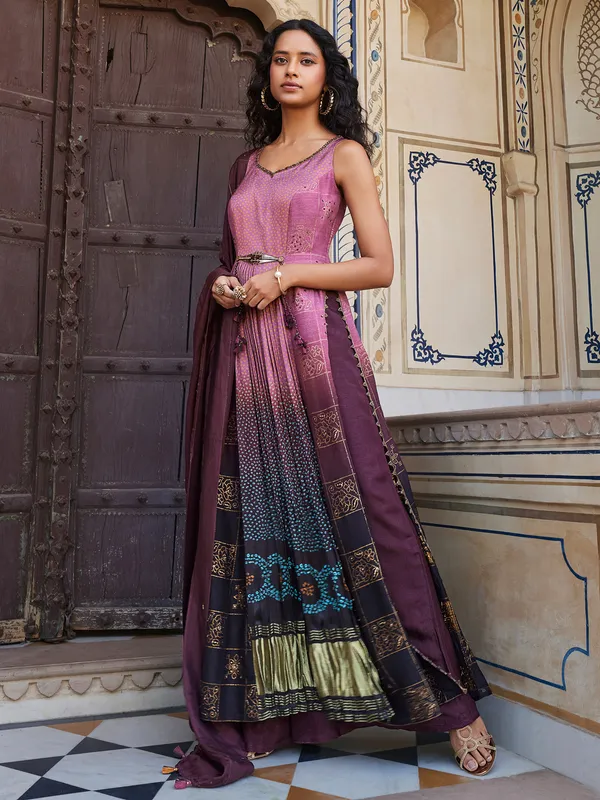 Purple shaded printed silk palazzo suit