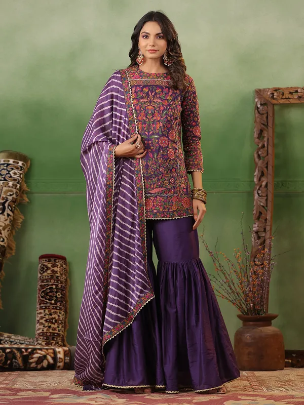 Purple sharara suit with leheriya dupatta
