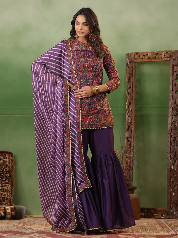 Purple sharara suit with leheriya dupatta